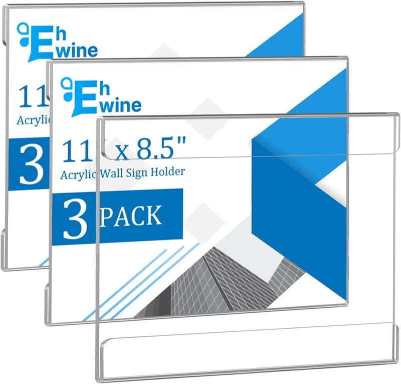 EHWINE 3 Pack 8.5 x 11 Wall Mount Acrylic Sign Holder, Horizontal Wall Signs Photo Menu Flyer Display Holders, Plastic Clear Acrylic Frames for Office Home Hotel Business Store (with Adhesive Tape) - Image 1